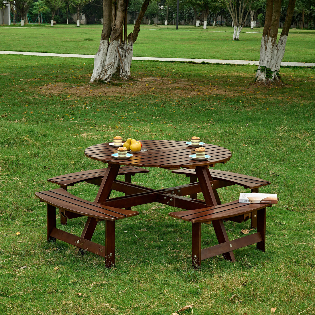 Outdoor 8 Person Picnic Table, 8 Person Round Picnic Table With 4 Built In Benches, Umbrella Hole, Outside Table And Bench Set For Garden, Backyard, Porch, Patio, Brown Brown Wood Metal