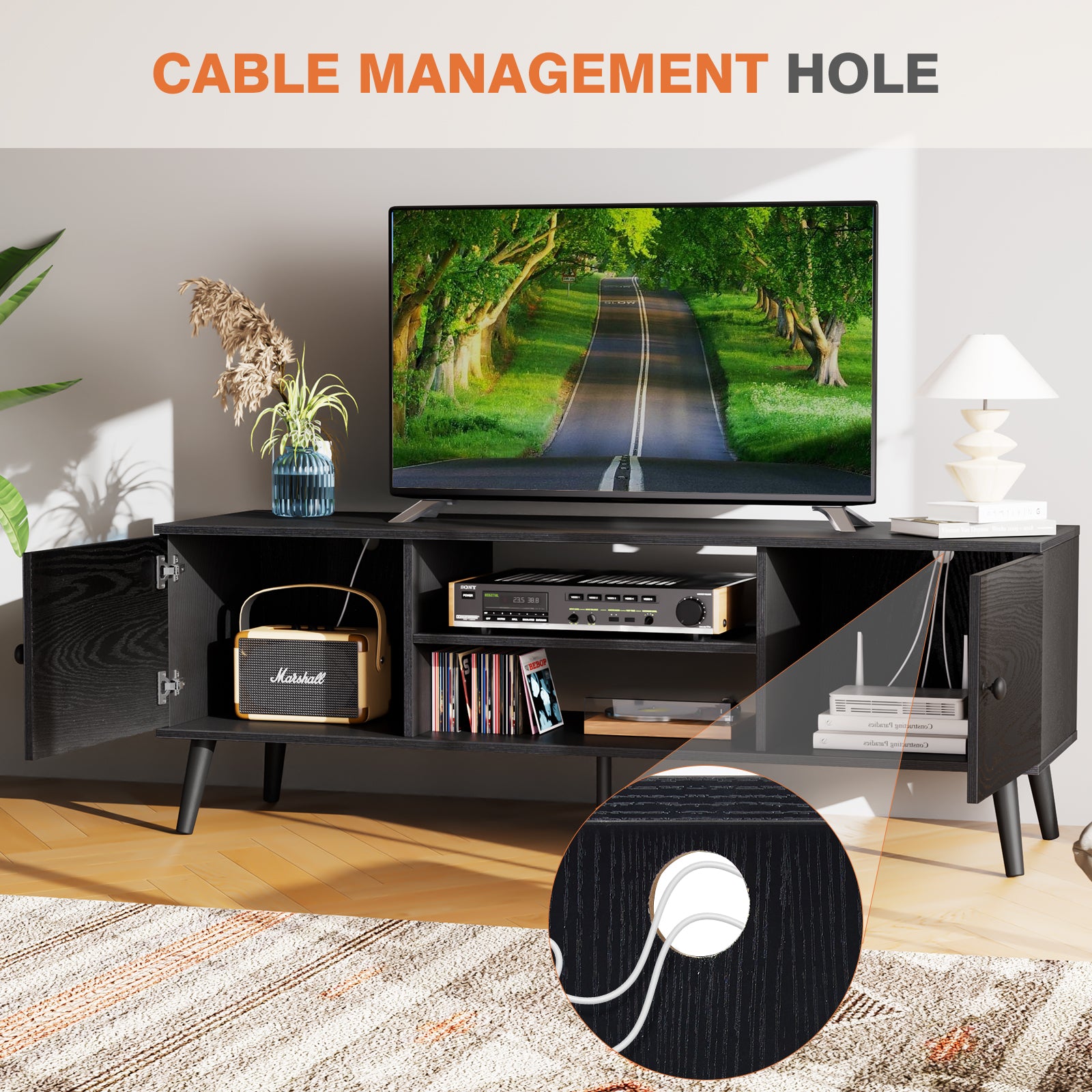 Can Accommodate 60 "Tv, Living Room Bedroom Tv Media Console, Adjustable Shelves, 2 Storage Cabinets, Black Black Metal & Wood