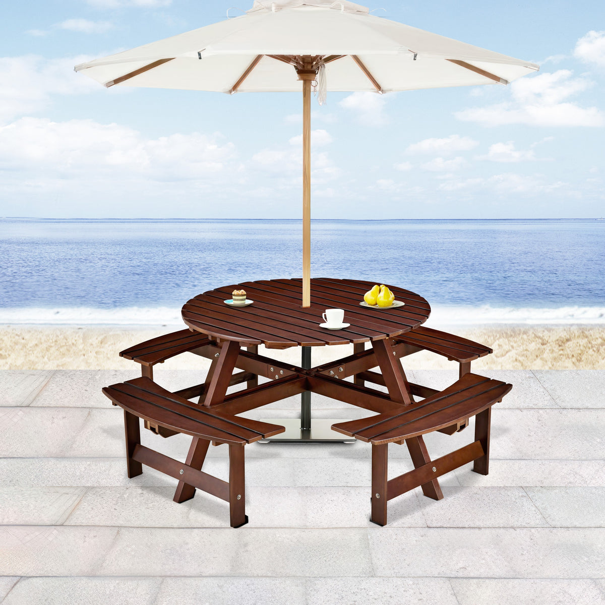 Outdoor 8 Person Picnic Table, 8 Person Round Picnic Table With 4 Built In Benches, Umbrella Hole, Outside Table And Bench Set For Garden, Backyard, Porch, Patio, Brown Brown Wood Metal