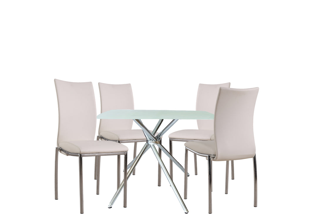 5 Pieces 36" Inch Contemporary Elegance Squared Dining Set In White Metal Dining Room Fixed Table Square Dining Table With Chair Upholstered Chair Glass White Pu Solid Back Seats 4 Contemporary,Modern,Transitional Square 4 Leg Foam Glass Metal