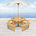 Outdoor 8 Person Picnic Table, 8 Person Round Picnic Table With 4 Built In Benches, Umbrella Hole, Outside Table And Bench Set For Garden, Backyard, Porch, Patio, Natural Natural Wood Metal