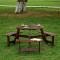 Outdoor 6 Person Picnic Table, 6 Person Round Picnic Table With 3 Built In Benches, Umbrella Hole, Outside Table And Bench Set For Garden, Backyard, Porch, Patio, Brown Brown Wood Metal