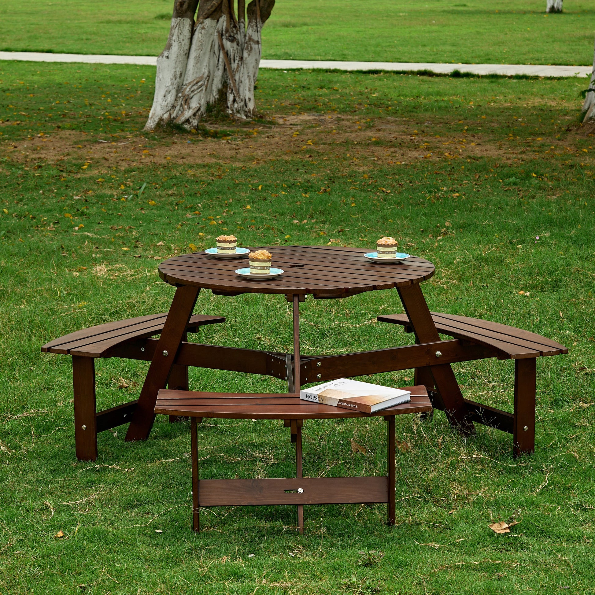 Outdoor 6 Person Picnic Table, 6 Person Round Picnic Table With 3 Built In Benches, Umbrella Hole, Outside Table And Bench Set For Garden, Backyard, Porch, Patio, Brown Brown Wood Metal