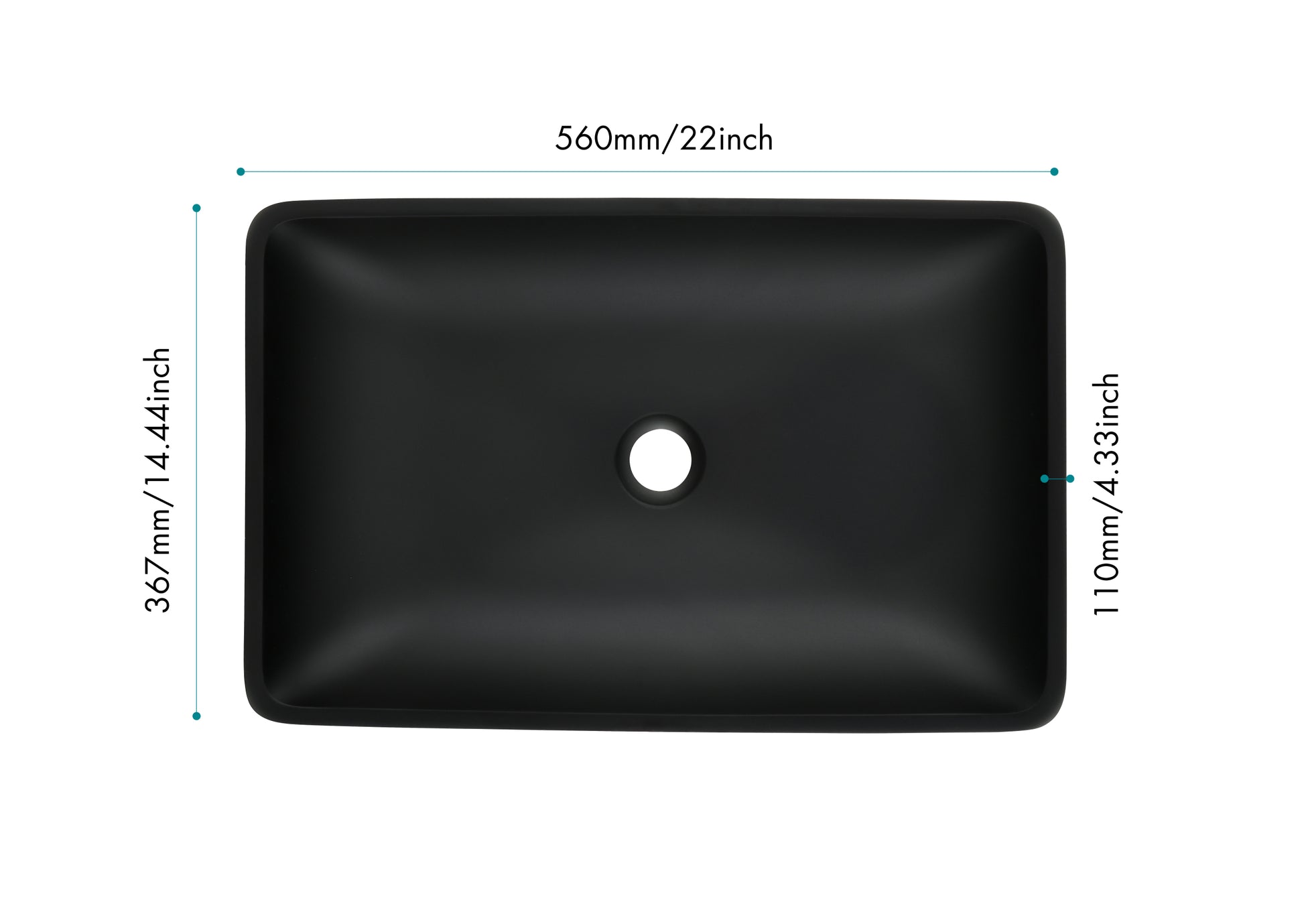 22" L 14" W 4" H Matte Black Glass Rectangular Vessel Bathroom Sink With Faucet And Pop Up Drain In Matte Black Matte Black Glass