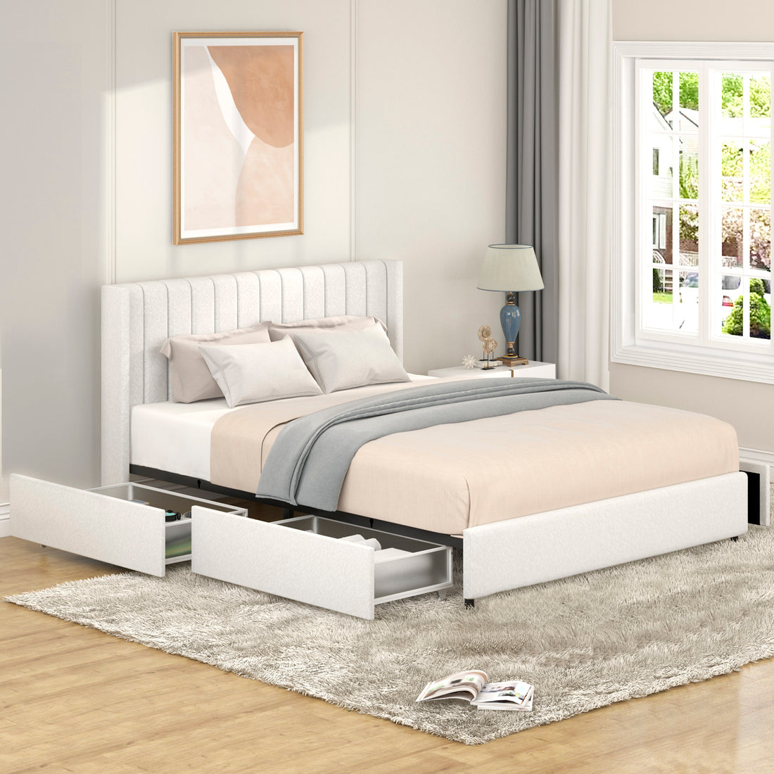 Same As B083119691 Anda Queen Size Ivory Boucle Upholstered Platform Bed With Patented 4 Drawers Storage, Tufted Headboard, Wooden Slat Mattress Support, No Box Spring Needed Box Spring Not Required Queen Ivory Bedroom