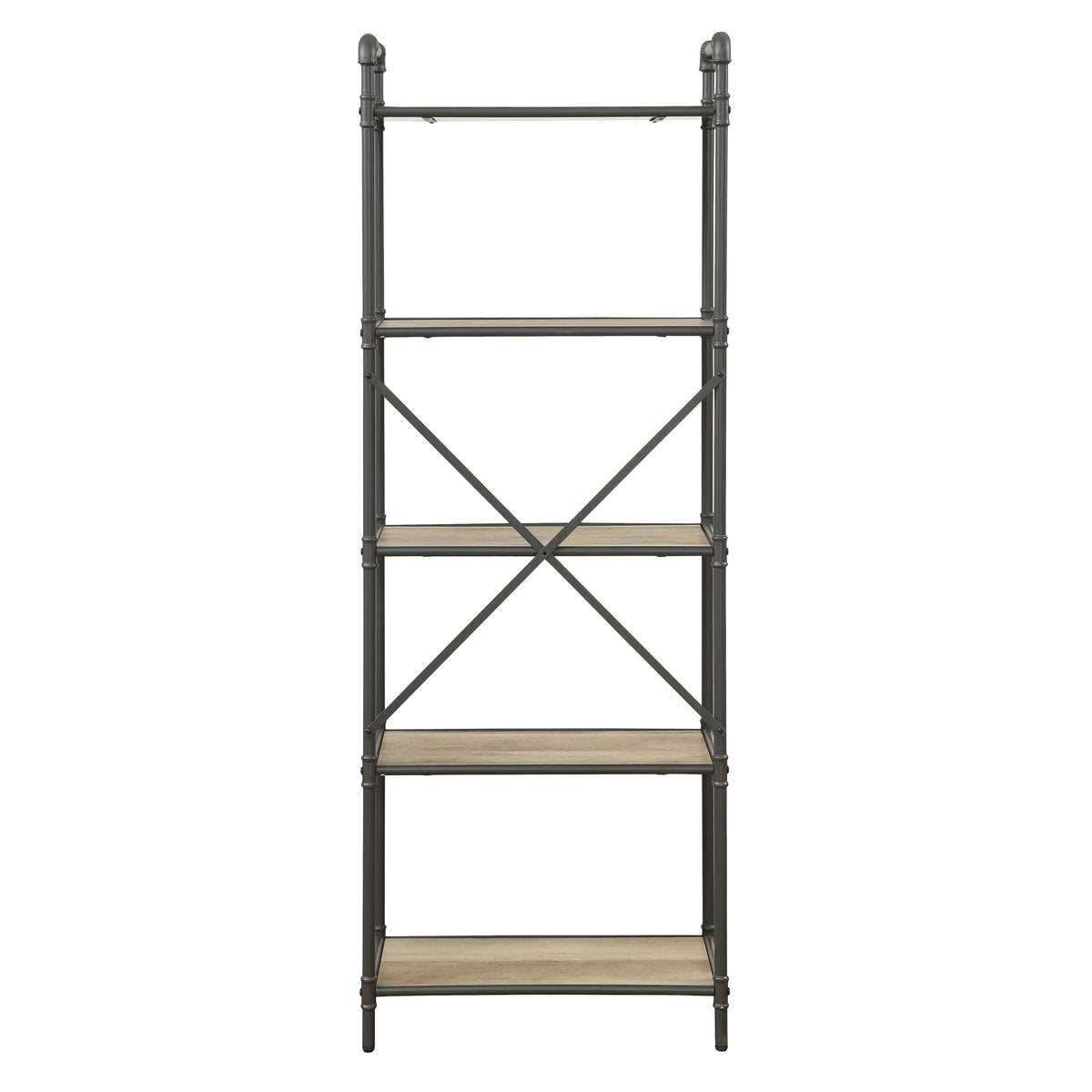 Antique Oak And Sandy Grey 5 Tier Bookcase 5 Natural Grey Open Back Oak Wood Metal