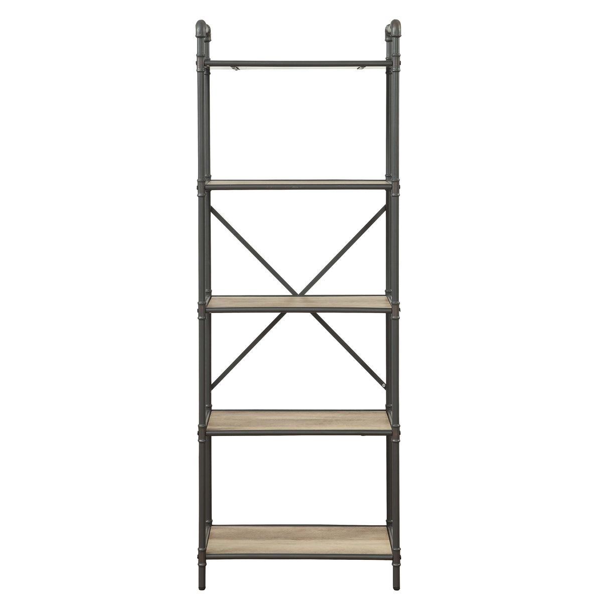 Antique Oak And Sandy Grey 5 Tier Bookcase 5 Natural Grey Open Back Oak Wood Metal