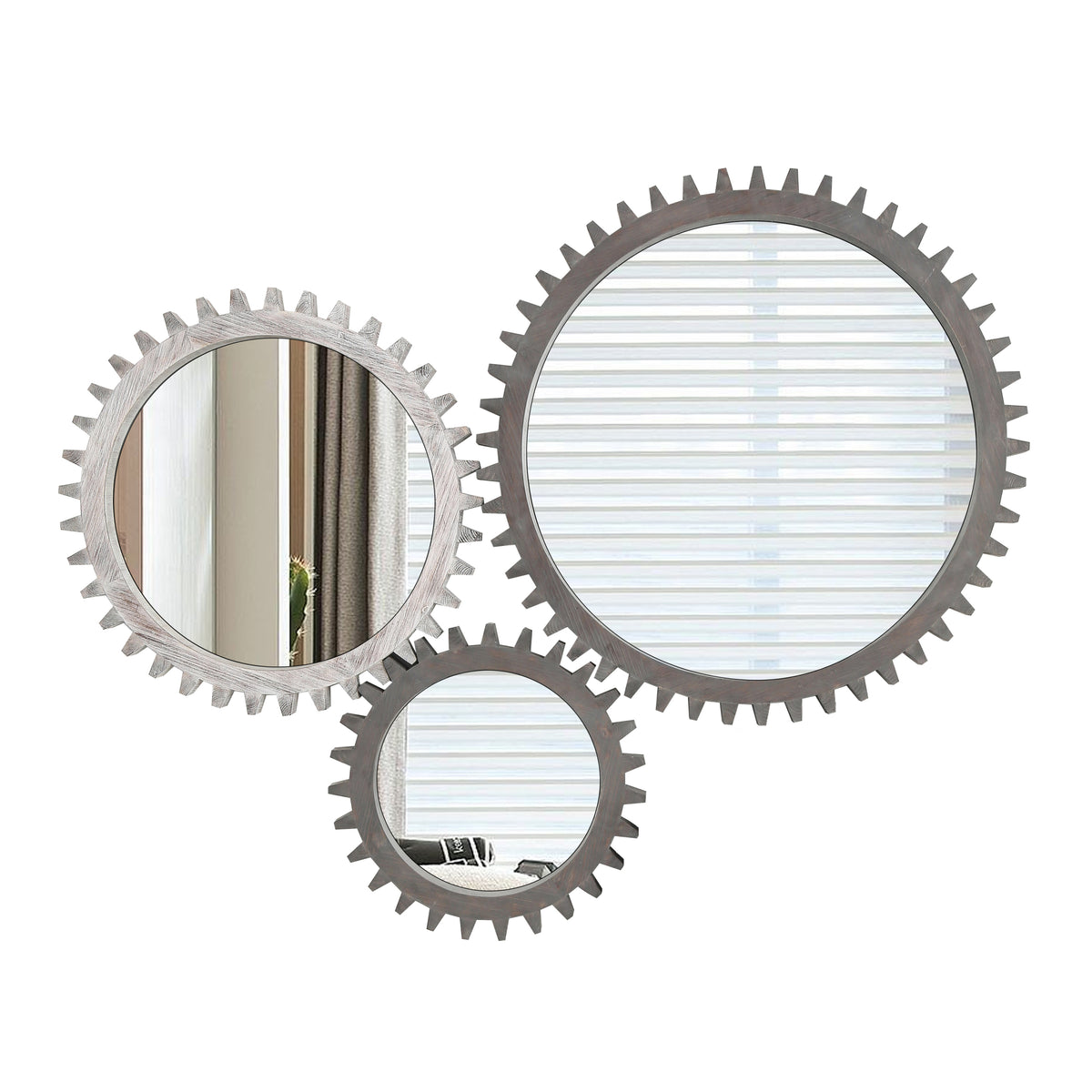 Vintage 17'' X 17'' Wood Round Hanging Gear Shape Decorative Mirror Patchwork Effect With Large Size Mirrors Individually On Art Walls,Sold Individually Antique White Washed White Washed American Design Solid Wood Mdf Mirror