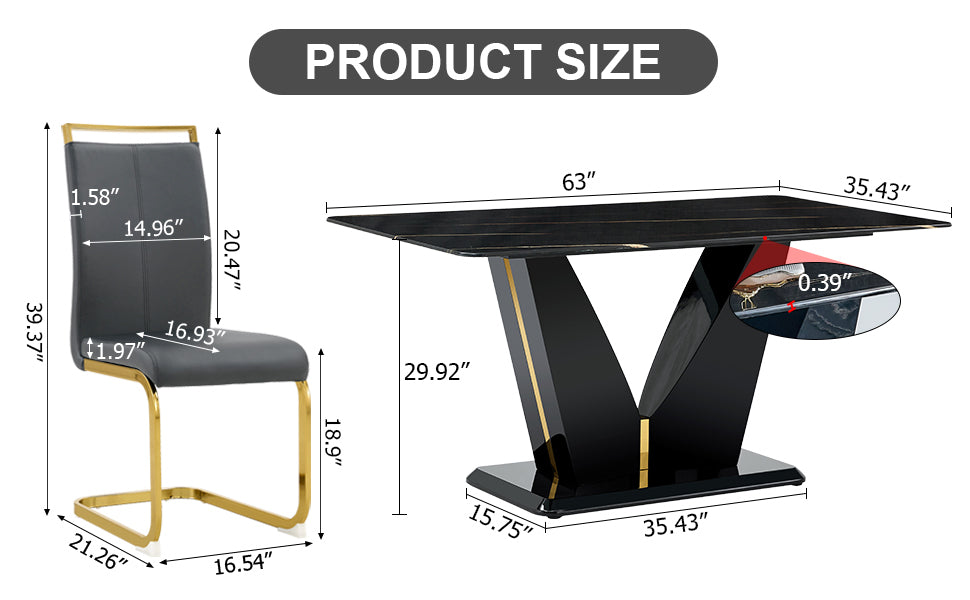 Table And Chair Set,Modern Minimalist Rectangular Dining Table, 0.4 Inch Thick, With A Black Imitation Marble Pattern Desktop And Black Mdf Legs. Comfortable Pu Seats,Perfect For Dinner, Meet Grey Black Seats 4 Mdf Glass