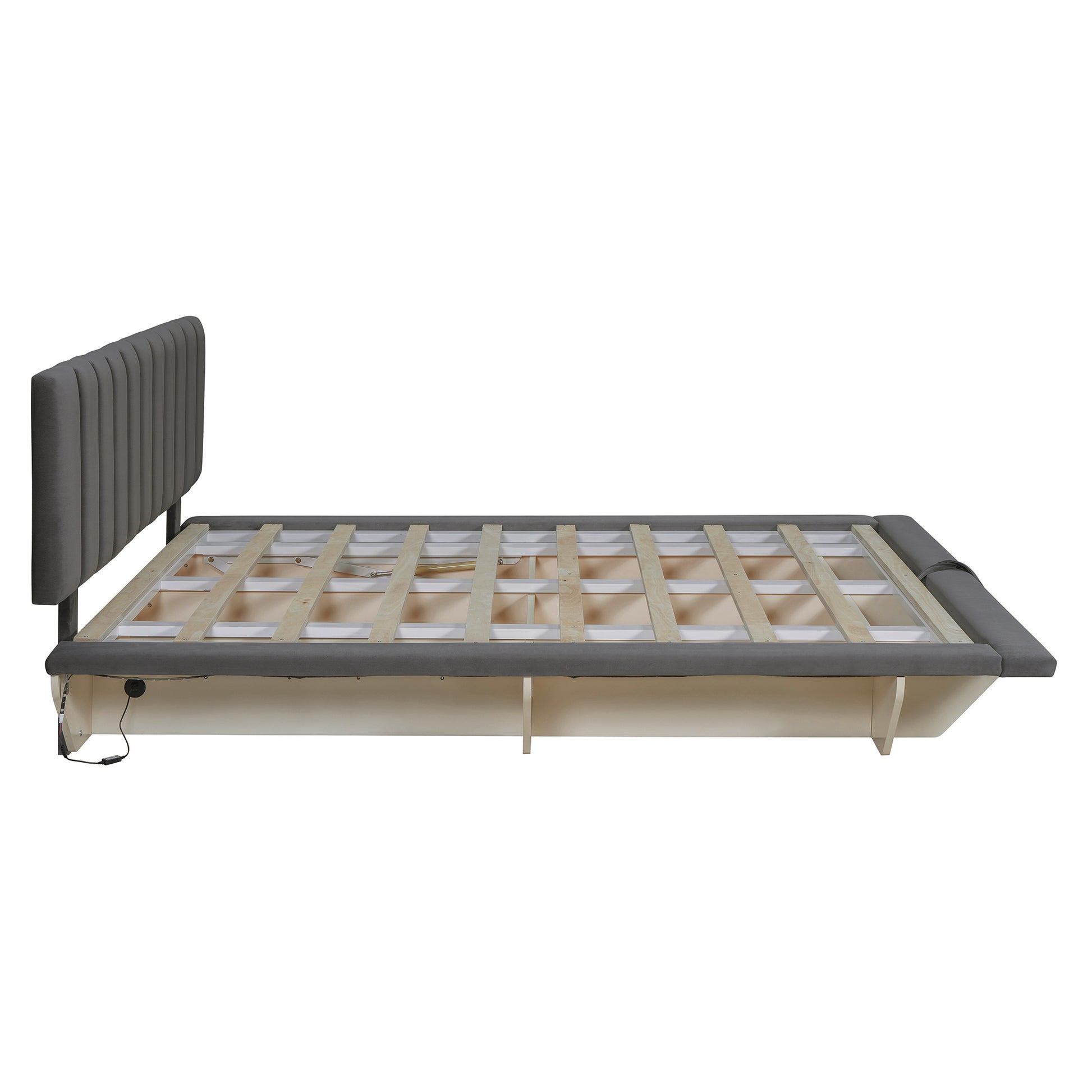 Queen Size Upholstered Floating Bed With Led Light And Usb Port, Velvet, Gray, Hydrualic Platform Bed Queen Gray Velvet