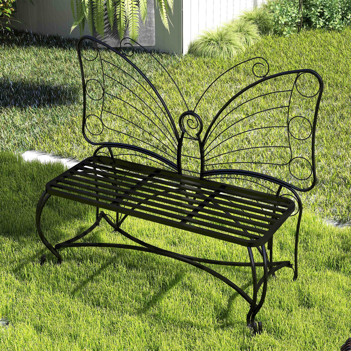 Butterfly Cast Metal Garden Bench, Outdoor Bench Patio Seat, Park Bench Outdoor Seating For Garden, Yard, Park, Entryway Black Garden & Outdoor 2 Person Seating Group Metal