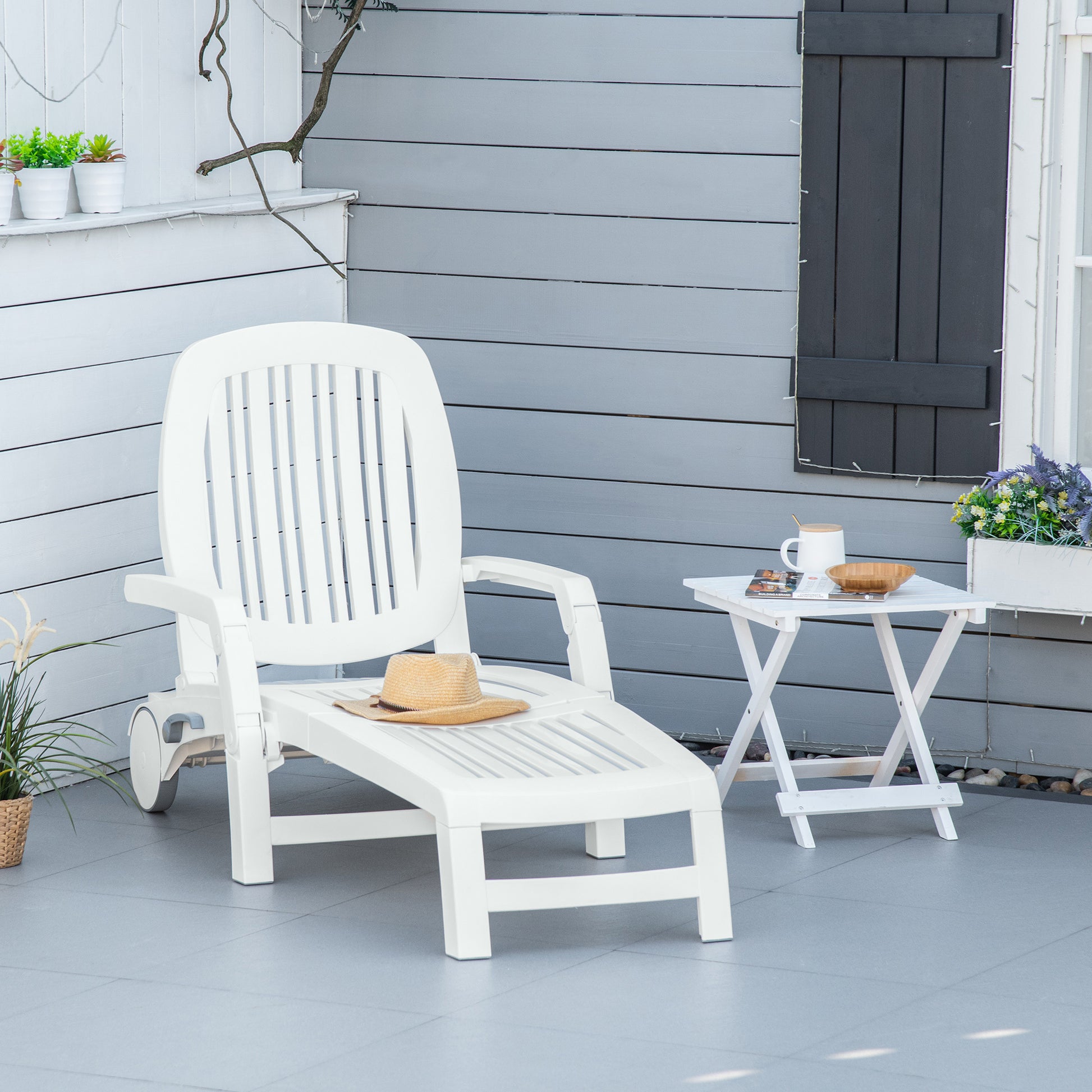 Outsunny Outdoor Chaise Lounge Chair On Wheels With Storage Box, Waterproof Lounger With Quick Assembly, Folding Design, 5 Level Adjustable Backrest For Pool, Beach, Patio, Garden, White White Polypropylene