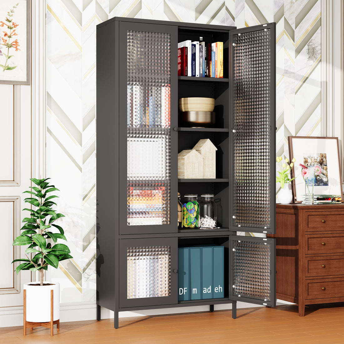 Large Metal Storage Cabinet Display Cabinet With 4 Glass Doors 5 Shelves Side Cabinet Bookcase Freestanding Cabinet For Bedroom Living Room Pantry Home Office Black, Waffle Grids Tempered Glass Freestanding 5 Or More Spaces Black Office Glass Doors