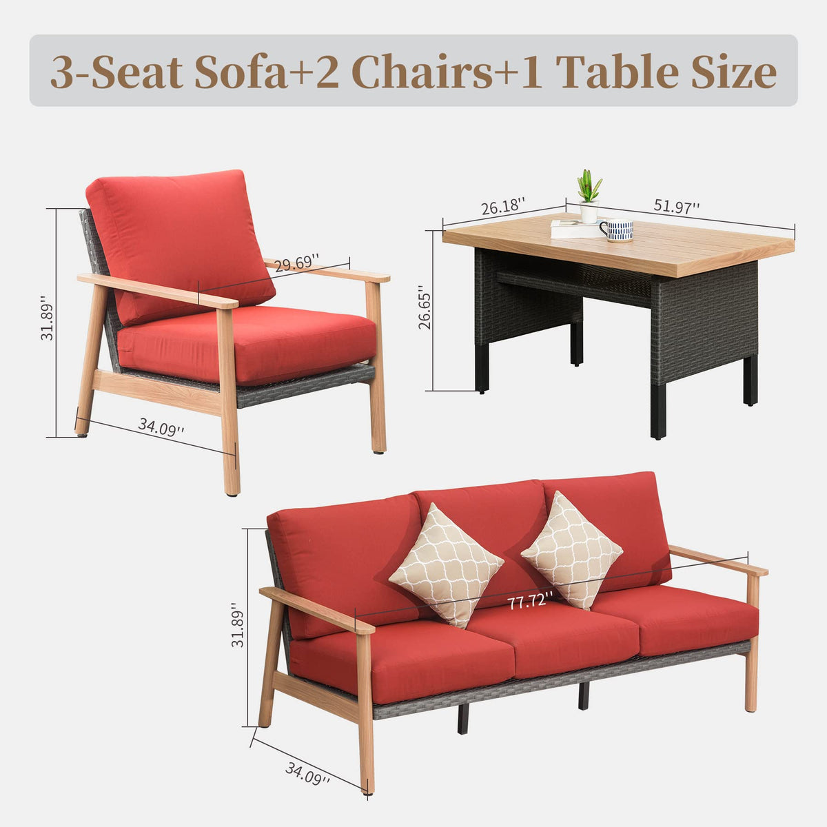 Outdoor Wicker Patio Furniture Sets 4 Pieces, All Weather Aluminum Rattan Padded Sofa Patio Conversation Sets With 2 Pillows For Porch Deck Garden Red Yes Red Garden & Outdoor Multiple Chairs Seating Group Aluminum