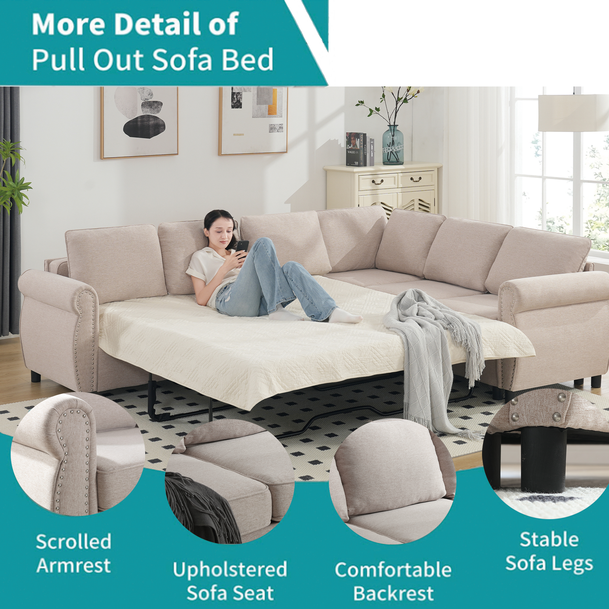 Arrived Sleeper Sofa, 2 In 1 Pull Out Couch Bed,6 Seater Sofa Bed, L Shaped Sleeper Sectional Sofa Couch,Riveted Sofa,104'' Large Combined Sofa Bed In Living Room, Beige Beige Polyester Wood Primary Living Space Medium Soft Cushion Back Modern Polyester
