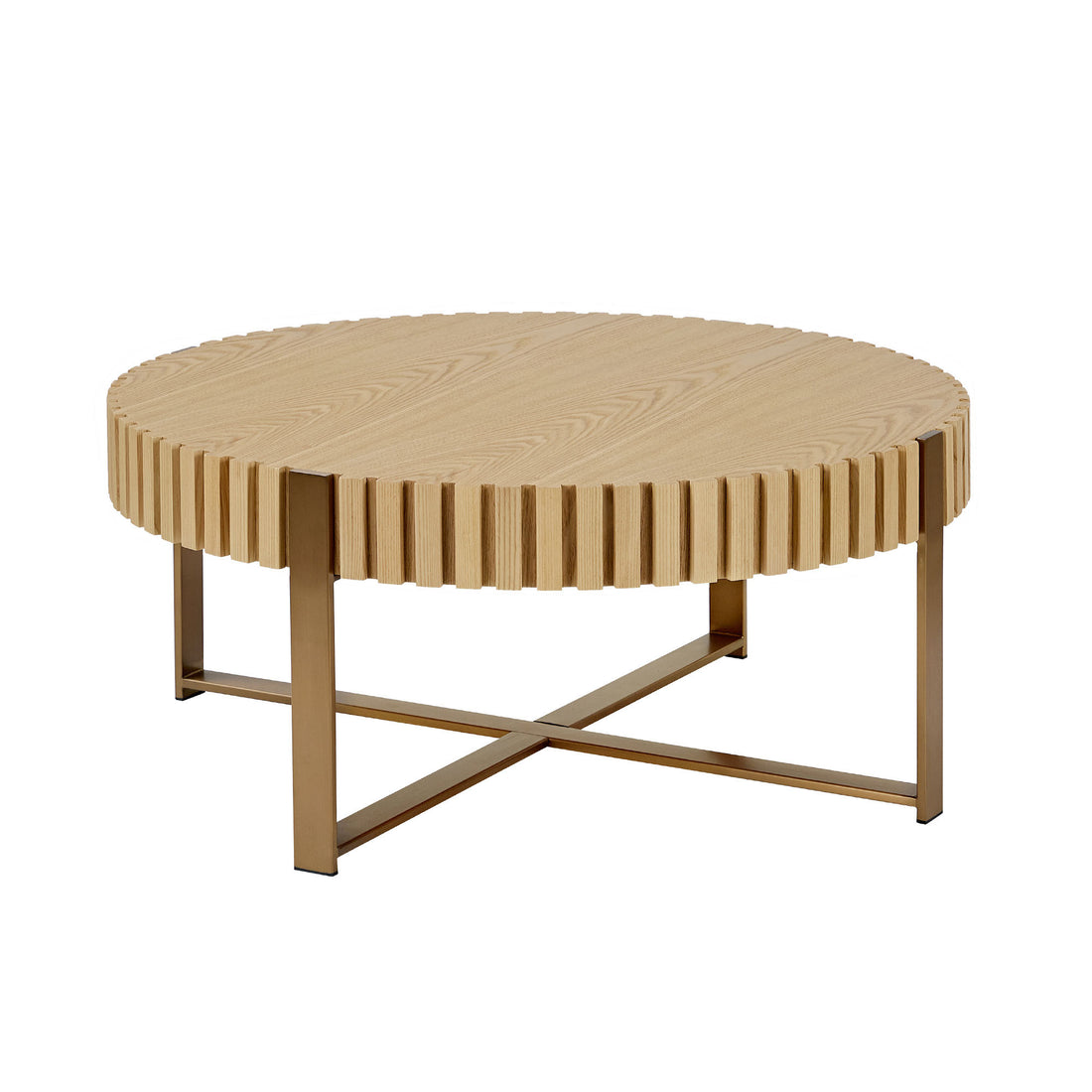 Modern Handcraft Drum Coffee Table 31.5 Inch Round Coffee Table For Living Room,Small Coffee Table With Sturdy Pedestal,Natural Ash Natural Ash Mdf Metal