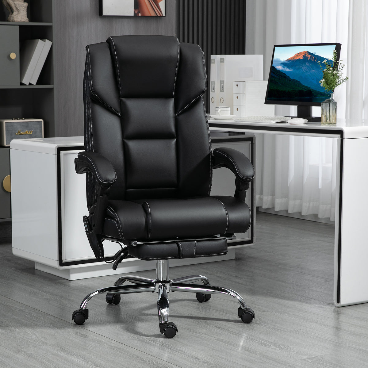 Vinsetto Massage Office Chair With 6 Vibration Points, Lumbar Heated Pu Leather Reclining Computer Chair With Adjustable Height, Footrest, Tilt Function, Black Black Pu Leather