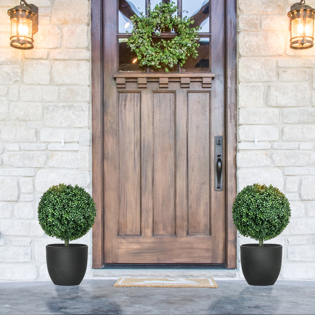 Homcom 1.3' 15.7" Artificial Boxwood Topiary Trees With Ground Stake, Uv Resistant Set Of 2 Ball Shaped Trees, Indoor Outdoor Fake Plants For Home Office & Living Room D Cor Green Plastic
