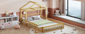 Wooden Floor Bed With Fence Railings And Detachable House Shape Headboard,Full Size Bed With Kids Dress Up Rack, Kids Montessori Style Playhouse Frame For Girls Boys, Natural Full Natural Wood