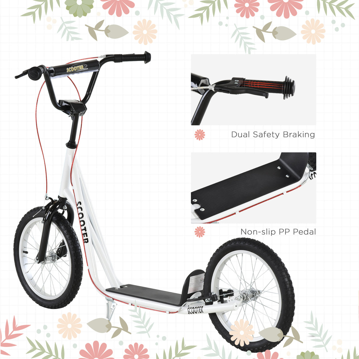 Aosom Youth Scooter Kick Scooter For Kids 5 With Adjustable Handlebar 16" Front And Rear Dual Brakes Inflatable Wheels, White White Iron Plastic