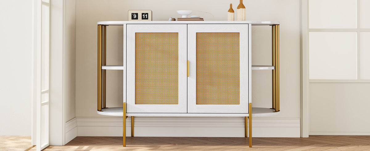 2 Door Elegant Curved Dining Cabinet With Gold Trim And Woven Rattan Doors For Dining Room White White Particle Board