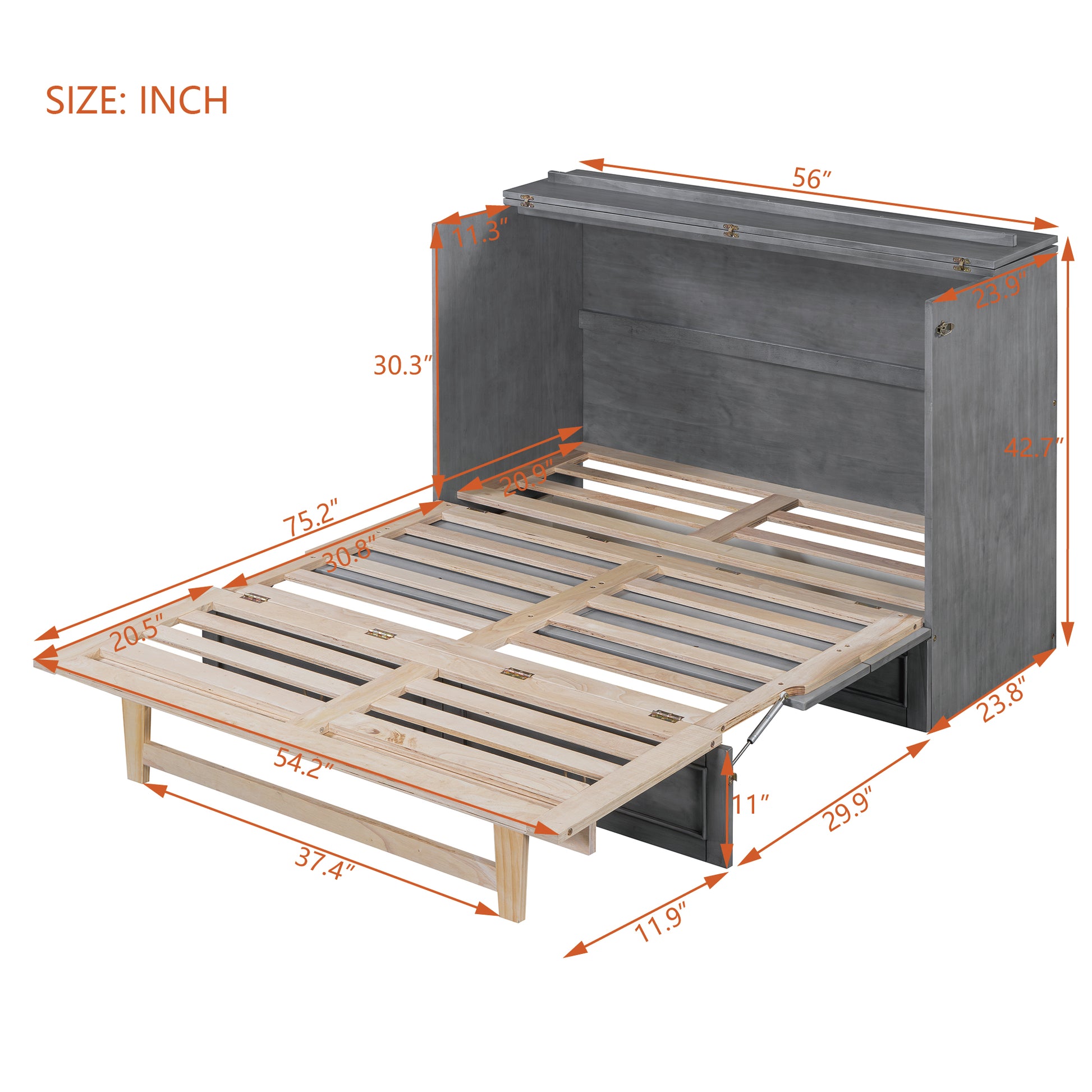 Full Size Murphy Bed With Large Drawers,Gray Full Gray Plywood