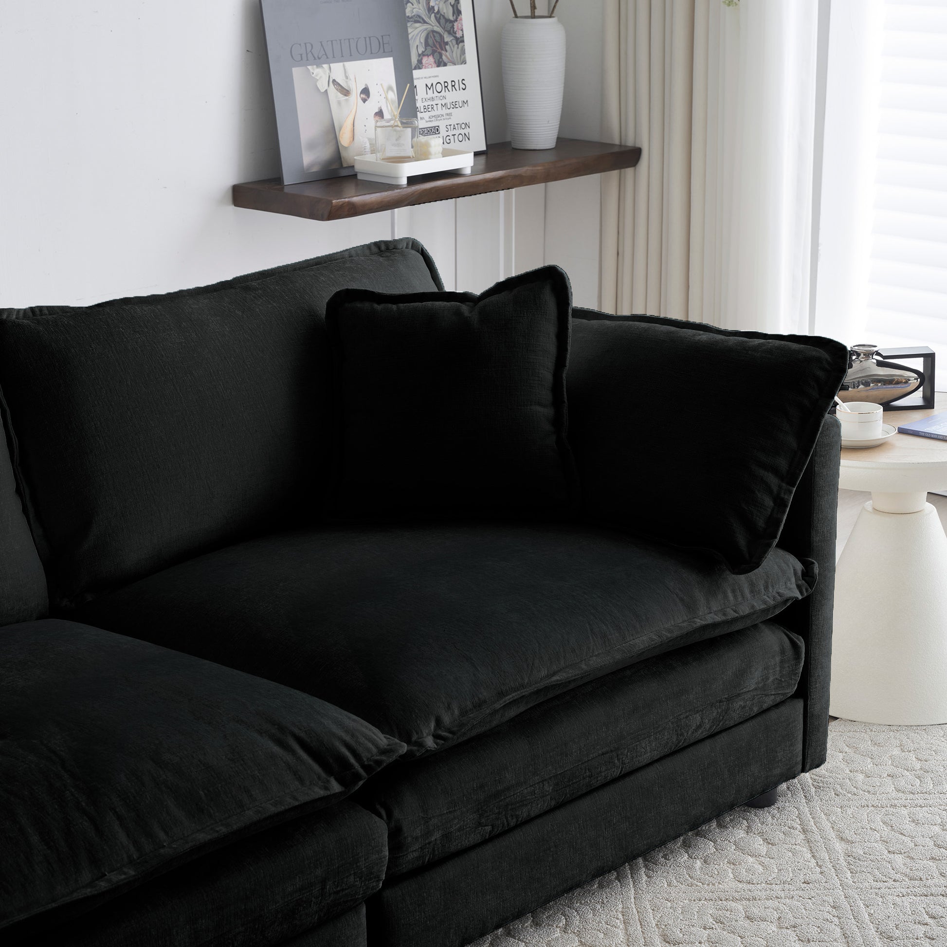 Comfortable Deep Seat Reversible Modular 6 Seater Sectional Super Soft Sofa U Shaped Sectional Couch With 3 Ottomans, 3 Toss Pillows And 2 Arm Pillows Black Chenille 3 Seat
