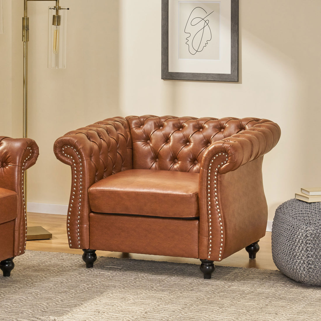 Mirod Tufted Accent Chair ,Pu,Living Room Light Brown Pu