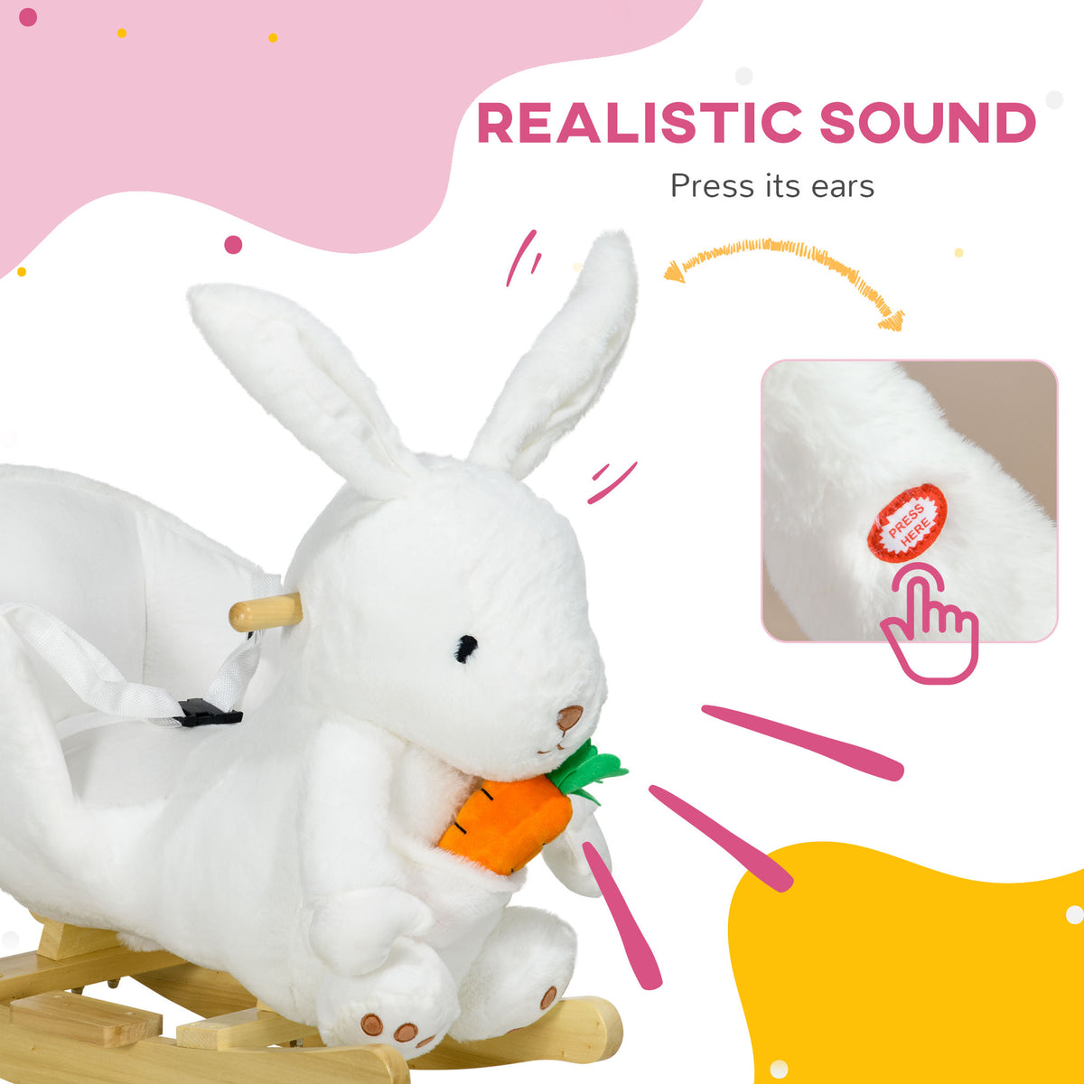 Qaba Baby Rocking Horse, Riding Horse, Bunny Rabbit Themed Rocker With Carrot Toy, Realistic Sound, & Pedals For Boy Girl Aged 18 36 Months, White White Plastic