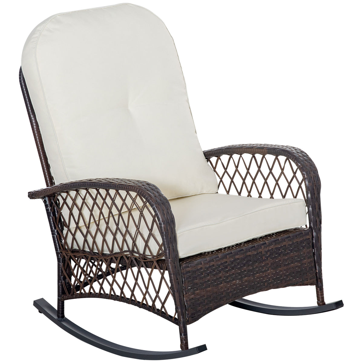 Outsunny Outdoor Wicker Rocking Chair With Wide Seat, Thick, Soft Cushion, Rattan Rocker W Steel Frame, High Weight Capacity For Patio, Garden, Backyard, Cream White Cream White Polyester