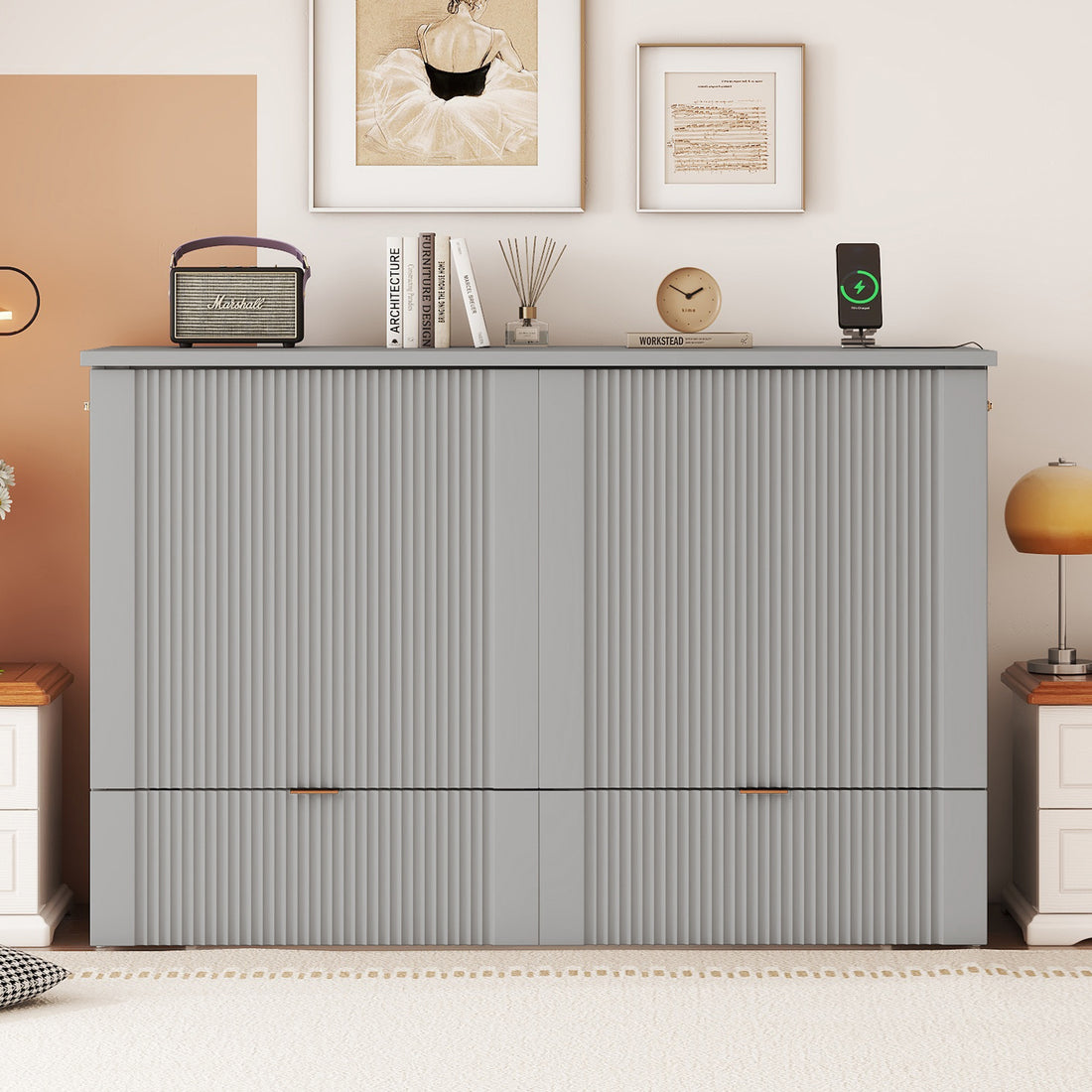 Full Size Murphy Bed With Drawer And A Set Of Sockets & Usb Ports, Pulley Structure Design, Gray Full Gray Plywood