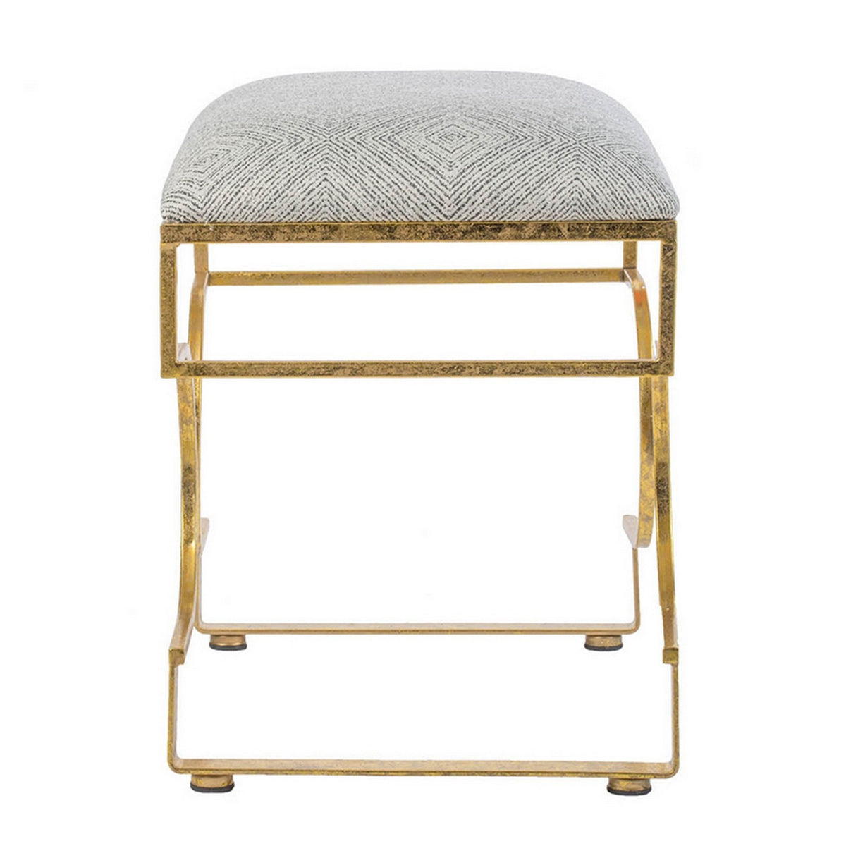 24 Inch Modern Ultra Padded Ottoman, Geometric Frame, Gray, Gold Patina Gray Iron
