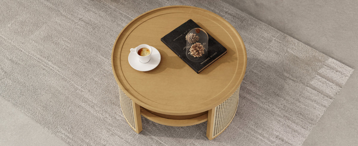 2 Tiered Round Natural Wood Coffee Table With Storage Rattan Base In 31.3'' Natural Rubber Wood