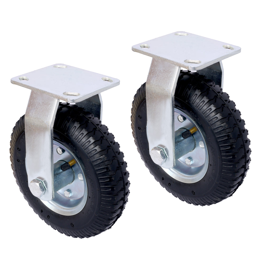 2Pcs 8In Caster Pneumatic Tire Rigrid, Caster Wheel, Swivel Plate, Steel Hub With Ball Bearings, 5 8 Inch Bore Centered Axle Black Black Rubber