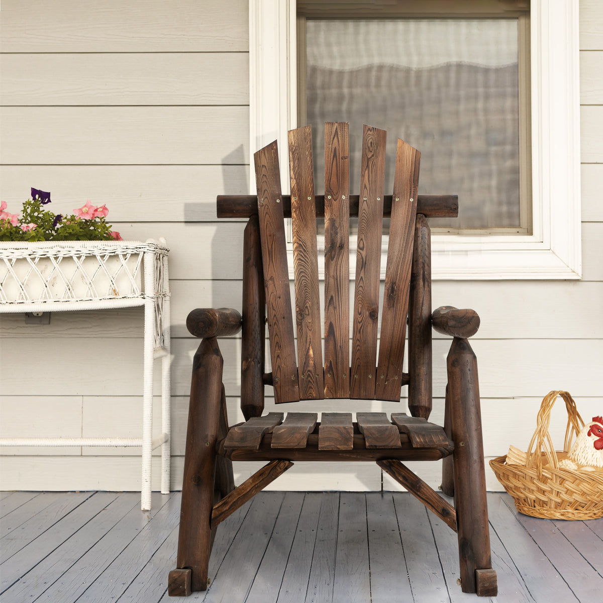 Outsunny Outdoor Wooden Rocking Chair, Single Person Adirondack Rocking Patio Chair With Rustic High Back, Slatted Seat And Backrest For Indoor, Backyard, Garden, Carbonized Brown Wood