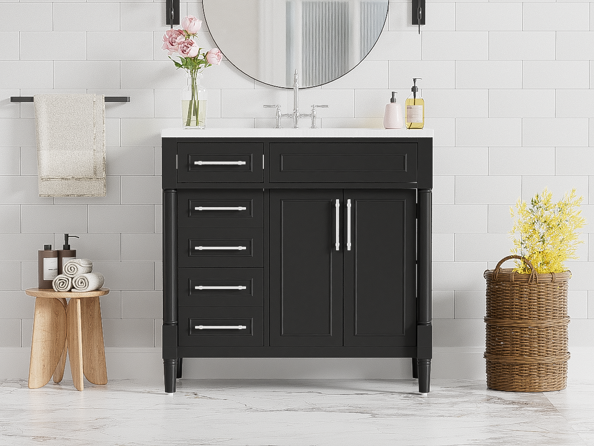 36'' Bathroom Vanity With Top Resin Sink, Freestanding Bathroom Storage Cabinet With 2 Drawers And A Tip Out Drawer, Solid Wood Frame Vanity Set, Height Adjustable Shelf 3 Black 2 2 Adjustable Shelves Bathroom Freestanding Solid Wood Mdf Resin Painted