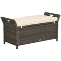 Outsunny 27 Gallon Patio Wicker Storage Bench, Outdoor Pe Rattan Patio Furniture, 2 In 1 Large Capacity Rectangle Garden Storage Box With Handles And Cushion, Cream White Brown White Steel