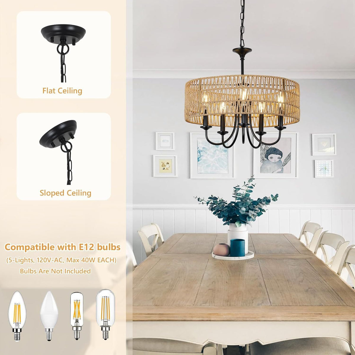 Modern Farmhouse Chandelier Light Fixtures, 5 Lights Large Rattan Pendant Lighting With Hand Woven Wicker Shade, Boho Black Chandeliers For Dining Room Living Room Kitchen Island Bedroom Brown Rattan Metal