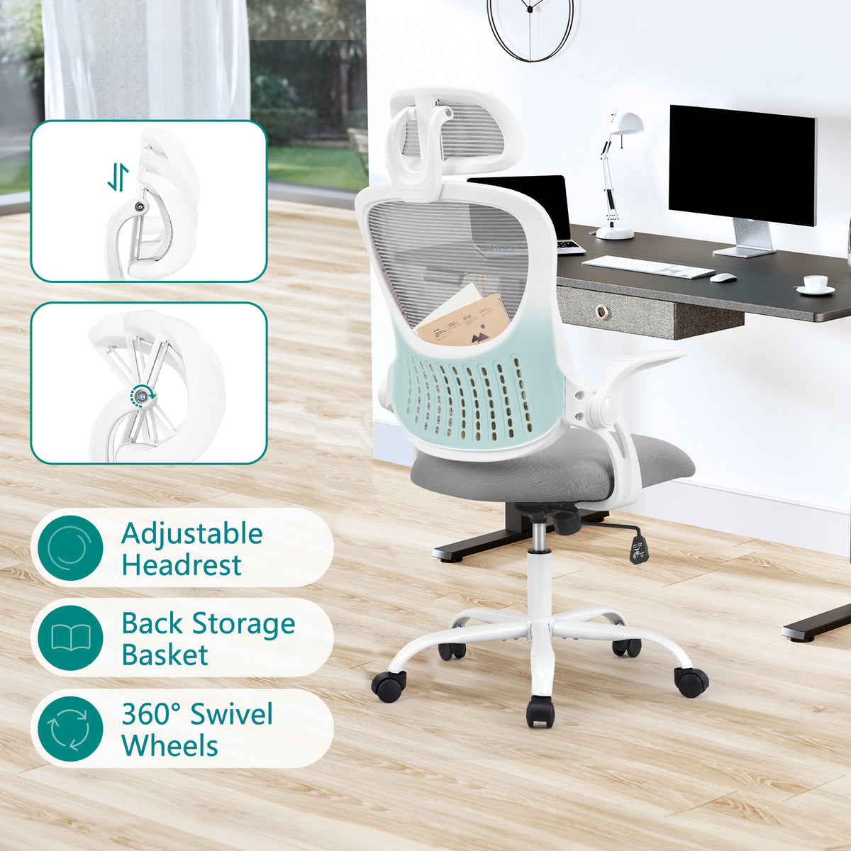 Office Chair, Comfortable Swivel Chair With High Back, Wheels, Adjustable Headrest, Comfortable Lumbar Support, Flip Arm, Pink Grey Stainless Steel