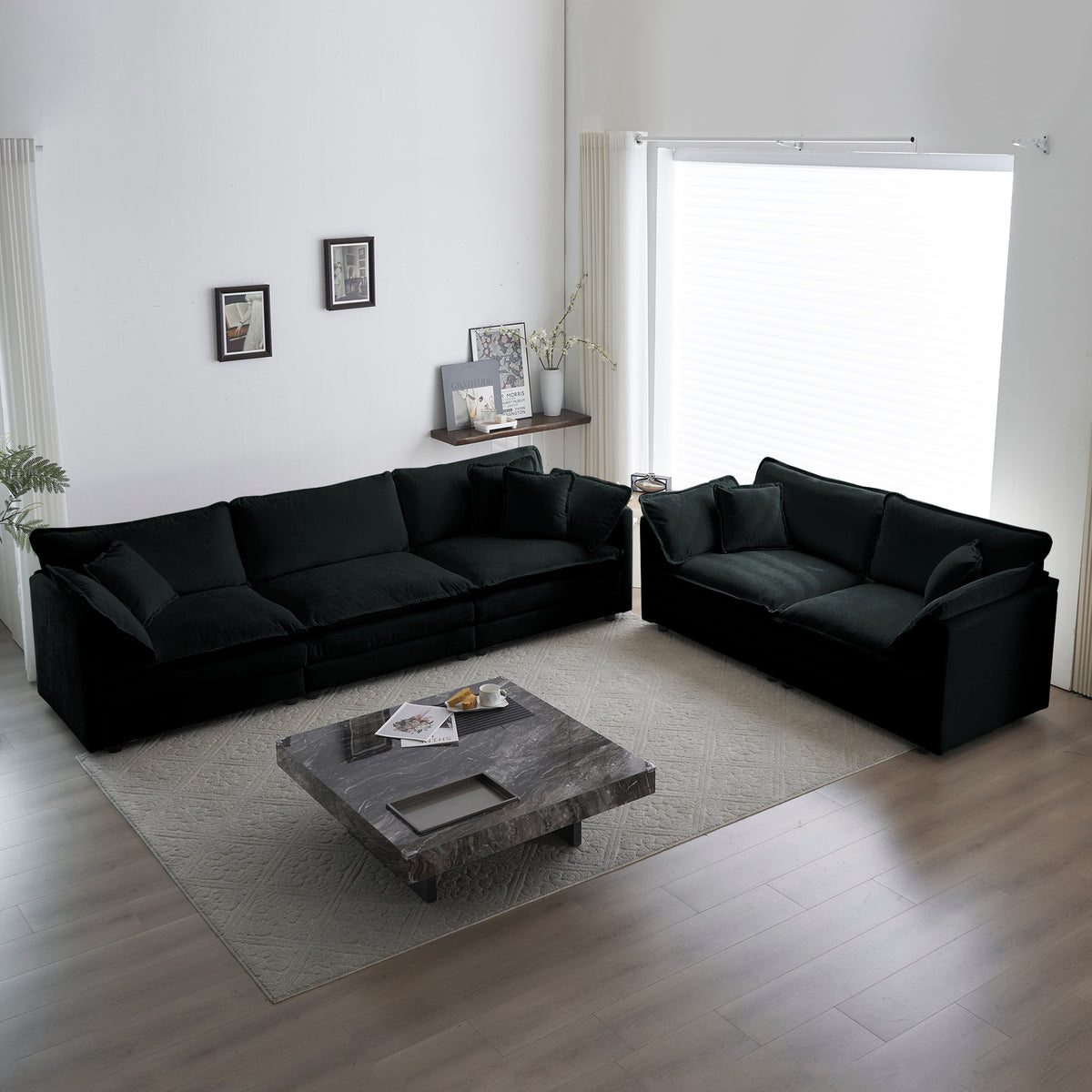 Sofa Set Of 2 Chenille Couch, 2 3 Seater Sofa Set Deep Seat Sofa, Modern Sofa Set For Living Room, Black Chenille Black Chenille 5 Seat