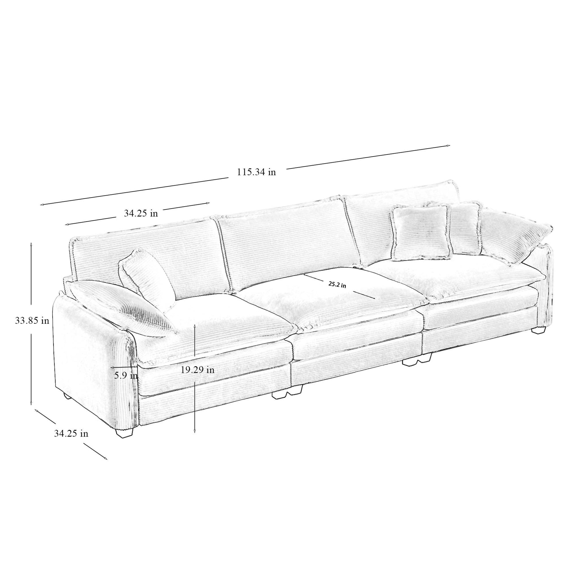 Modern Living Room Sofa 3 Pieces Set, Two 2 Seater Sofas And One 3 Seater Sofas, Upholstery Large Deep Seat Sofa With Sofat Cushion And Pillowss,Green Corduroy Green Corduroy 7 Seat