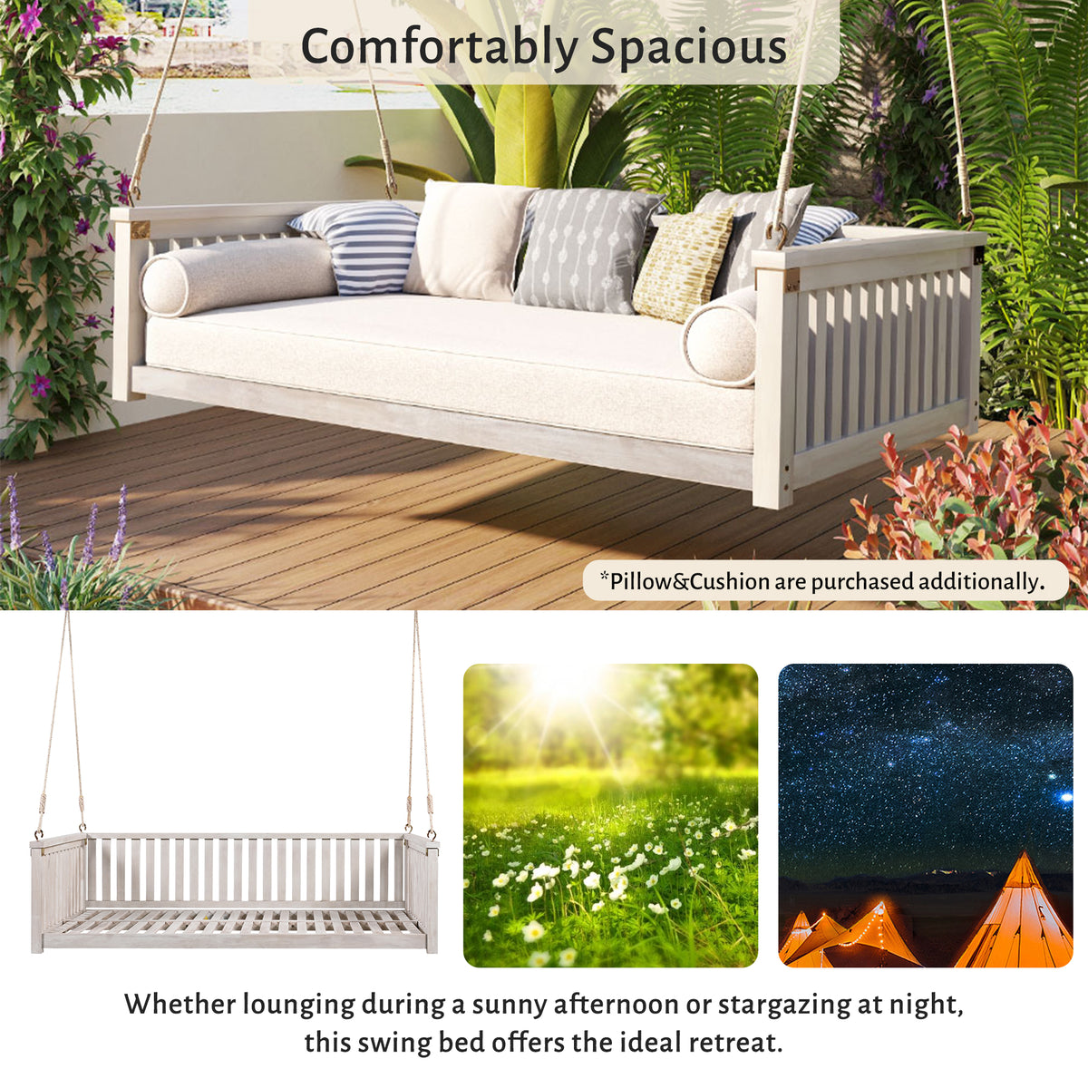 Patio Minimalist Twin Size Garden Swing Bed Wood Porch Swing With Ropes For Backyard, Safe Sloped Design, White White Weather Resistant Frame Garden & Outdoor Minimalist 2 Person Seating Group
