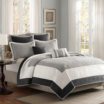 7 Piece Quilt Set With Euro Shams And Throw Pillows Black King Cal King King Black Cotton