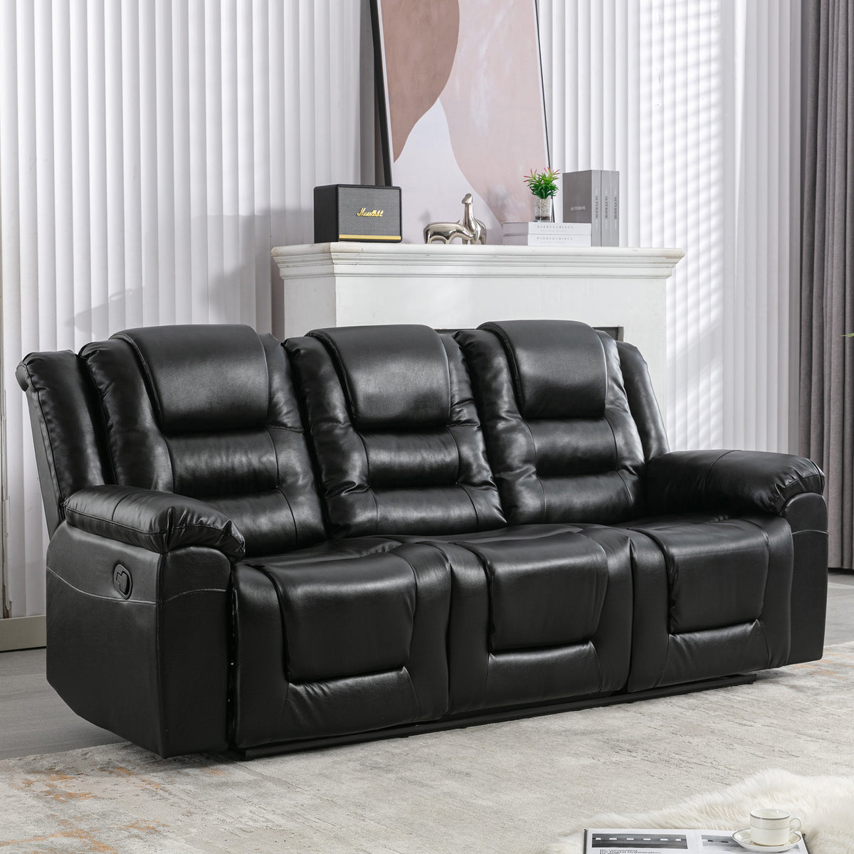 Home Theater Recliner Set Manual Recliner Chair With Wide Armrest, Two Built In Cup Holders For Living Room,Bedroom, Black Old Sku:Sg000760Aab Black Foam Pu Leather