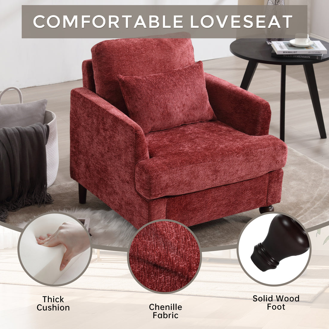 Coolmore Wood Frame Armchair, Modern Accent Chair Lounge Chair For Living Room,Tufted Club Chair, Mid Century Modern Arm Chairs With Studded, Solid Wood Frame, For Bedroom, Reading Wine Red Chenille Wine Red Chenille 1 Seat