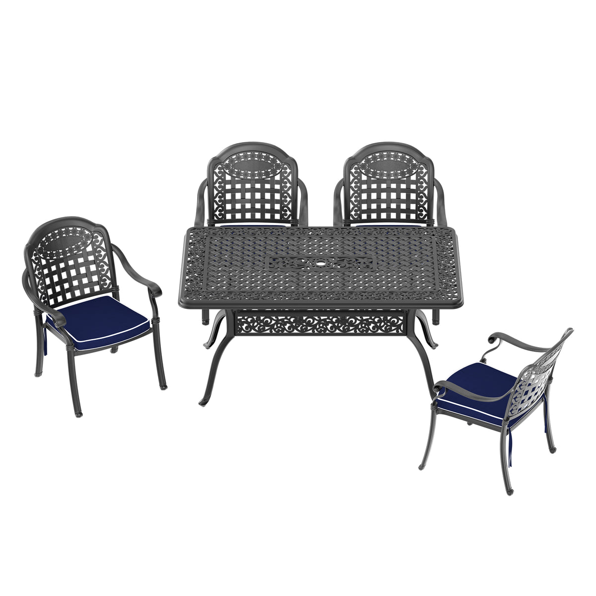Cushions In Random Colors 5 Piece Set Of Cast Aluminum Patio Furniture With Cushions Yes Dining Set Black Seats 4 Rust Resistant Frame Water Resistant Cushion Garden & Outdoor Complete Patio Sets Aluminium