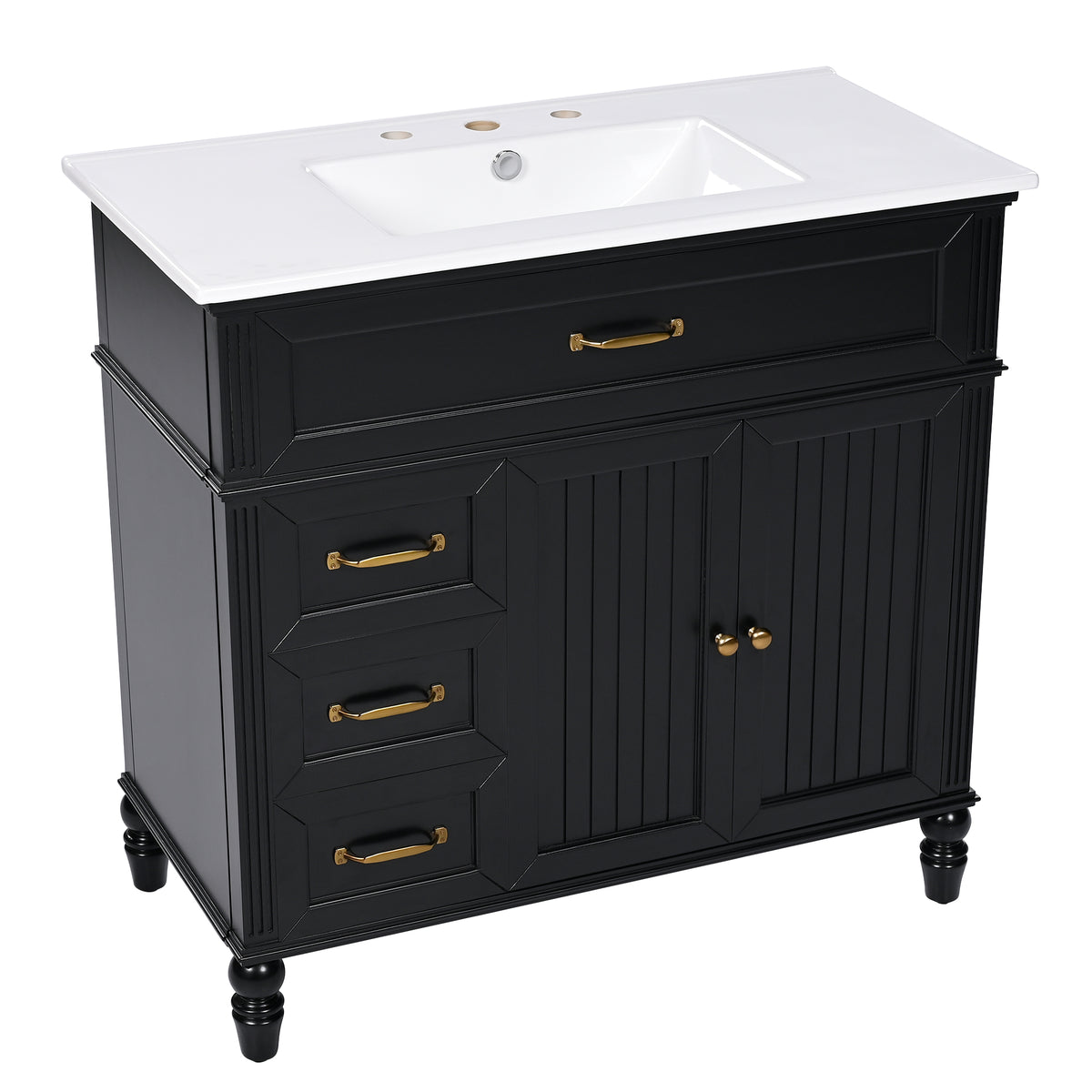 36" Bathroom Vanity With Sink, Black Bathroom Cabinet With Drawers, Solid Frame And Mdf Board, One Package Black Solid Wood Mdf
