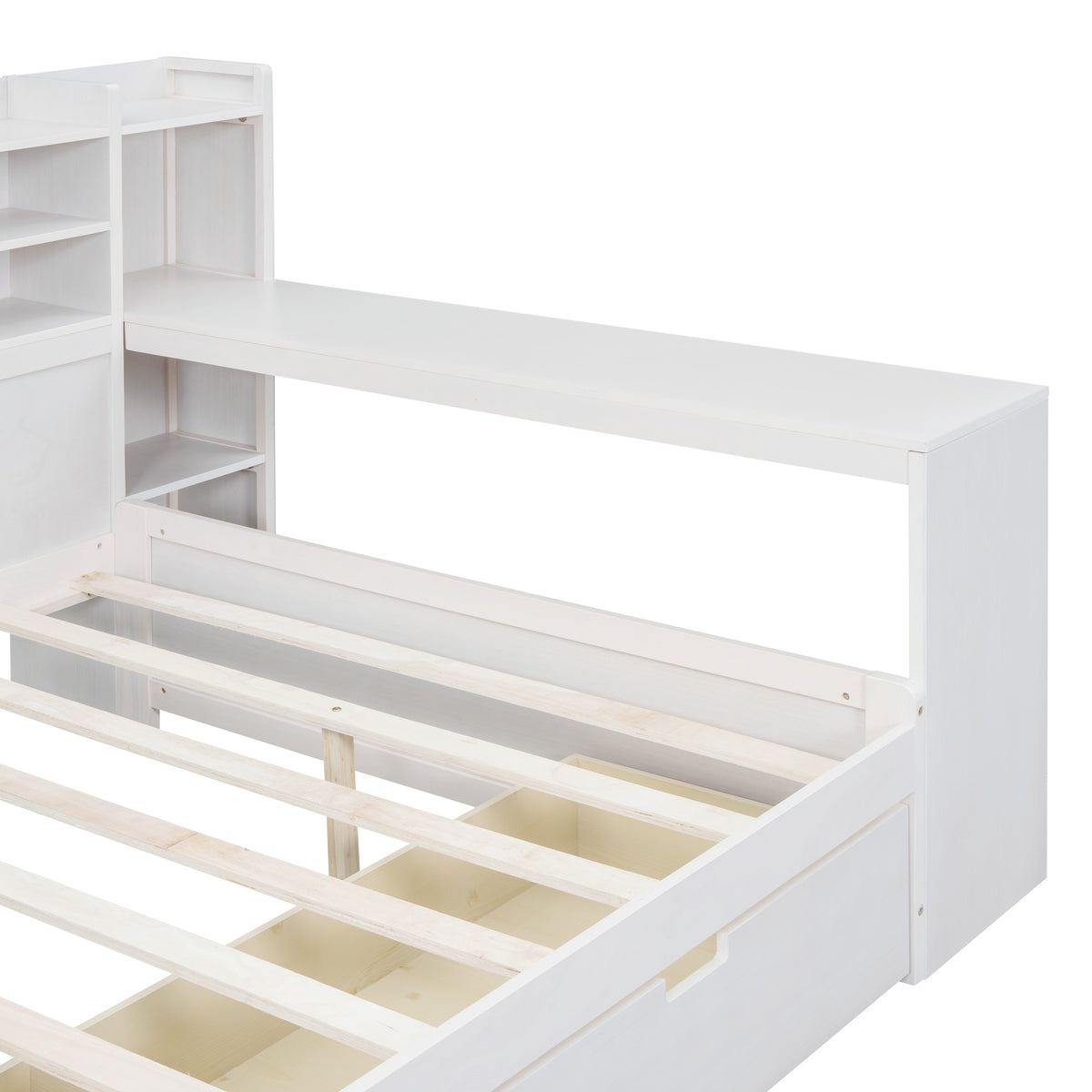 Wooden Full Size Daybed With Storage Shelves, Multi Functional Bed With Two Storage Drawers And Study Desk, Antique White Old Sku: Hl000089Aak Full Antique White Wood
