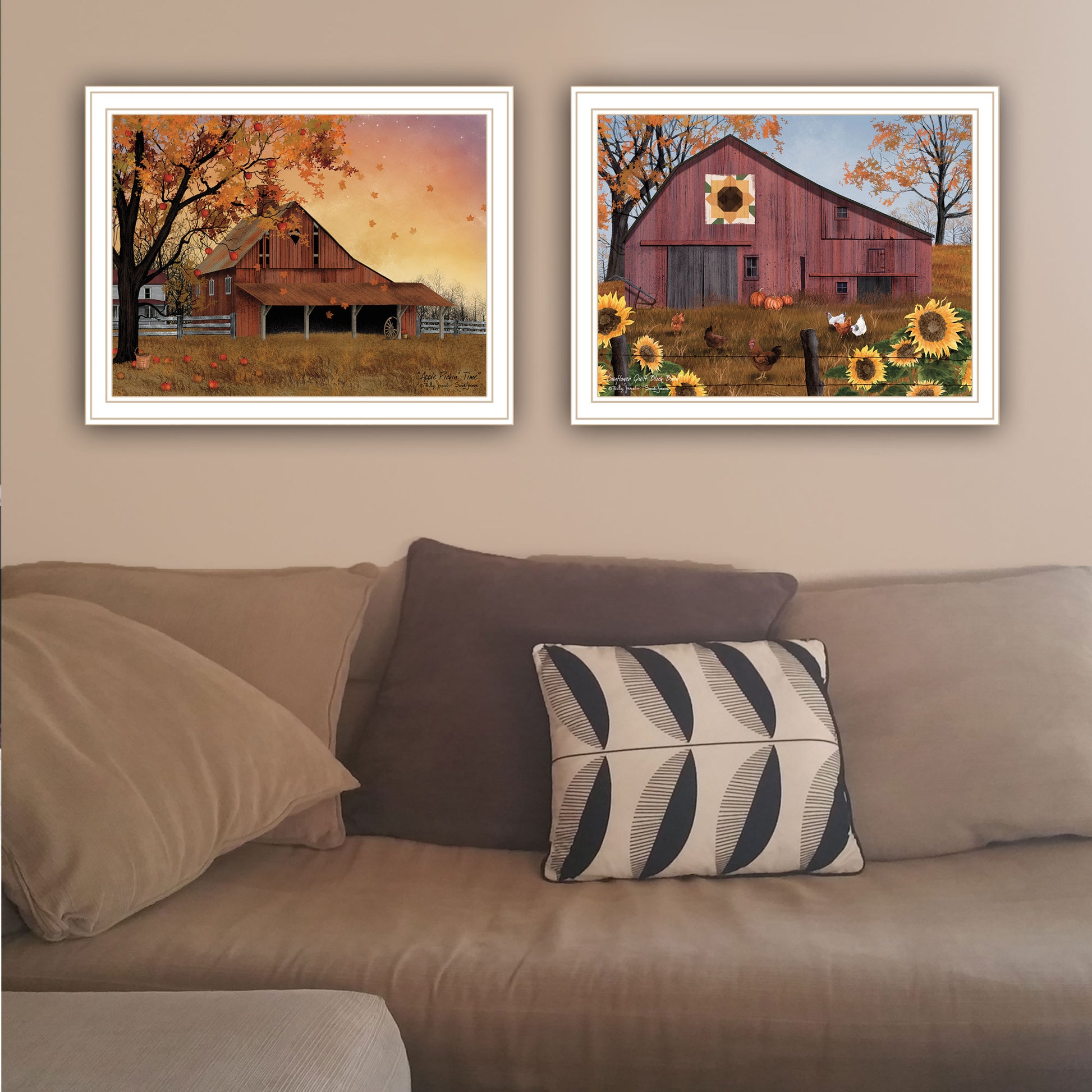 2 Piece Vignette Apple Picking Time, Sunflower Quilt Barn White Framed Wall Art For Living Room, Bedroom Wall Art Print For Home Decor By Billy Jacobs Multi Wood Paper