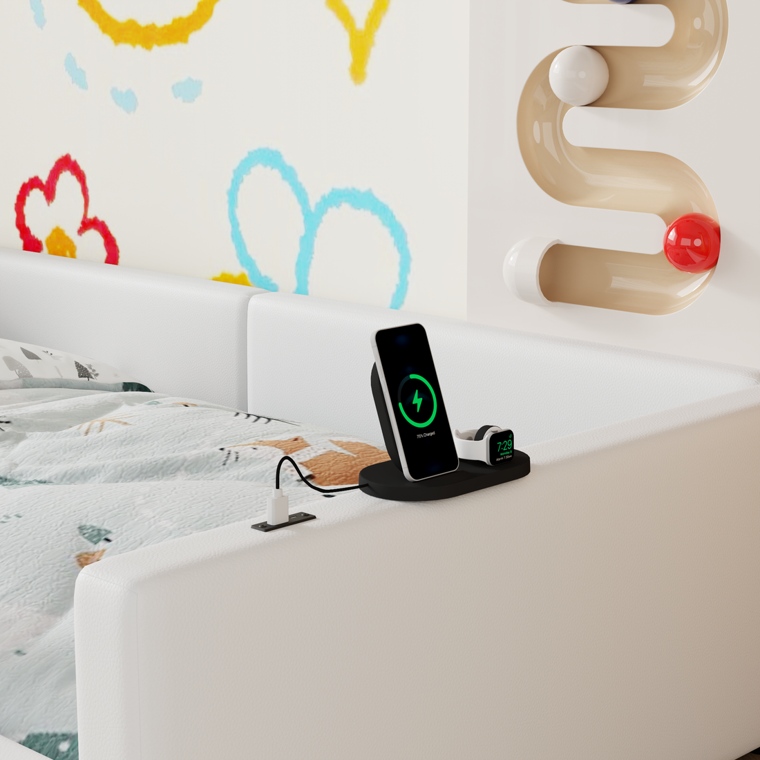 Twin Size Upholstered Platform Bed With Guardrail And Charging Station, White Box Spring Not Required Twin White Upholstered